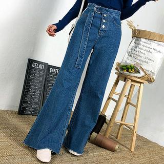 Belted Button-fly Bell-bottom Jeans