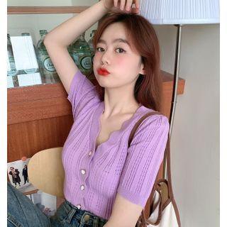 Wavy Edge Short-sleeve Pointelle Knit Cardigan