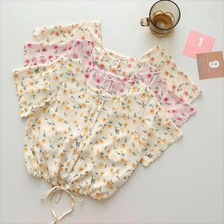 Short-sleeve Square-neck Floral Chiffon Blouse