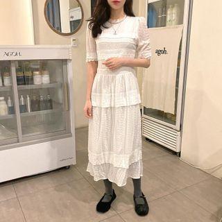 Lace Short-sleeve Midi Shift Dress