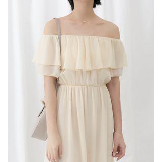 Ruffle Trim Off Shoulder Short Sleeve Midi Dress Almond - One Size