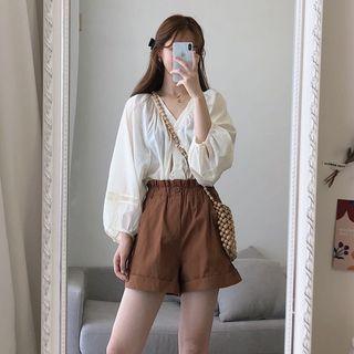Long-sleeve V-neck Blouse / Wide Leg Shorts / Set
