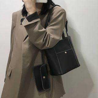 Contrast Stitching Faux Leather Tote Bag With Flap Pouch