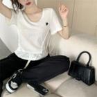 Short-sleeve Heart Embroidered T-shirt / Wide Leg Sweatpants