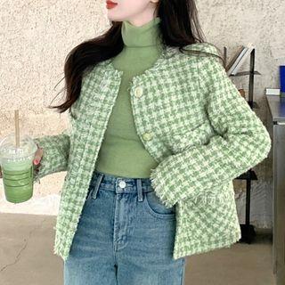 Houndstooth Tweed Button-up Jacket / Turtleneck Knit Top