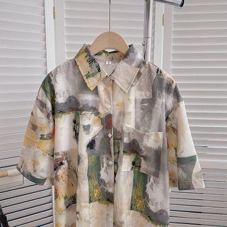 Short-sleeve Printed Shirt White & Gray - One Size