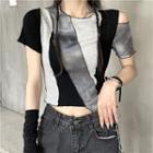 Asymmetrical Color Block Panel Cropped T-shirt Gray & Black - One Size