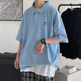 Elbow-sleeve Letter Embroidered Collared T-shirt