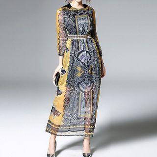 3/4-sleeve Printed See-through A-line Midi Dress
