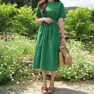 Short-sleeve A-line Linen-blend Dress
