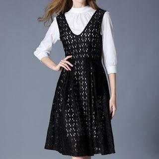 Set: Elbow-sleeve Blouse + Sleeveless A-line Midi Dress