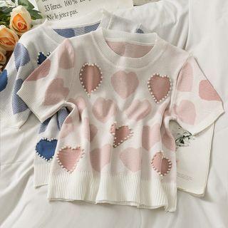 Pearl-trim Heart-print Crop Knit Top