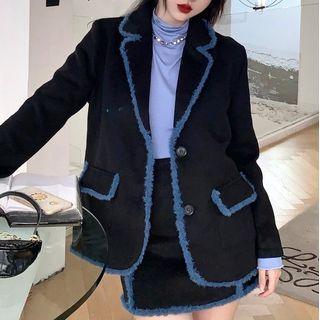Fleece Trim Blazer / Mini A-line Skirt / Long-sleeve T-shirt