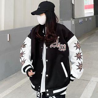 Leopard Print Embroidered Loose-fit Baseball Jacket