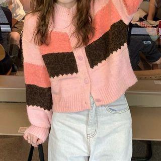 Long-sleeve Striped Knit Cardigan Pink - One Size