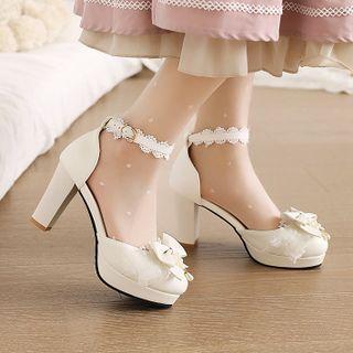 Lace Trim Ankle-strap Platform Chunky-heel Pumps