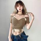 Short-sleeve Cold-shoulder Drawstring Cropped T-shirt