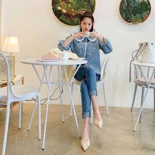 Lace-trim Caplet Denim Blouse Light Blue - One Size