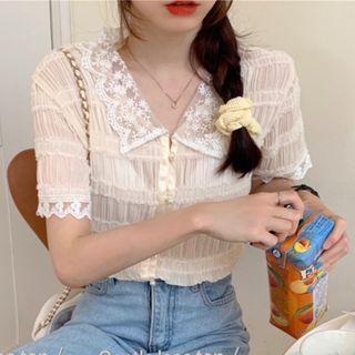 Lace Trim Collared Short-sleeve Cropped Blouse As Shown In Figure - One Size
