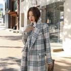 Belted Woolen Plaid Coat Blue - One Size