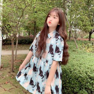 Short-sleeve Cat Print A-line Mini Dress As Shown In Figure - One Size