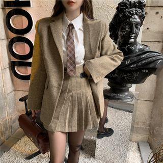 Plain Blazer / Pleated Mini A-line Skirt / Tie-neck Shirt