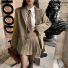 Plain Blazer / Pleated Mini A-line Skirt / Tie-neck Shirt
