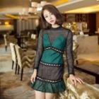 Long Sleeve Mock Neck Panel Ruffled Hem Mesh Dress