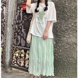Elbow-sleeve Print T-shirt / Plaid Midi Skirt