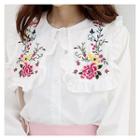 Frill-collar Flower-embroidered Blouse