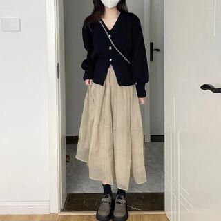 Heart Button Cardigan / Midi A-line Skirt / Set