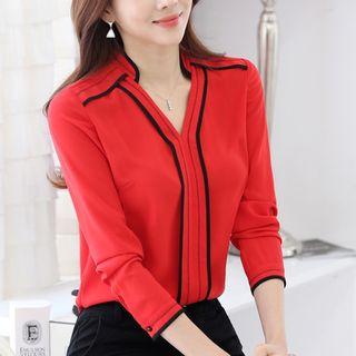 Piped V-neck Long-sleeve Chiffon Top