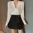 V-neck Blouse / Pin Detail Mini Pencil Skirt