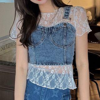 Set: Short-sleeve Lace Blouse + Denim Camisole Top Lace - White - One Size