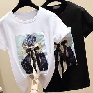 Short-sleeve Graphic Print Sequined Bow Accent T-shirt