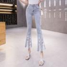 High Waist Lace Panel Bootcut Cropped Jeans