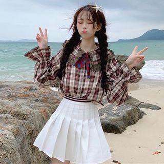 Plaid Tie-neck Long-sleeve Blouse