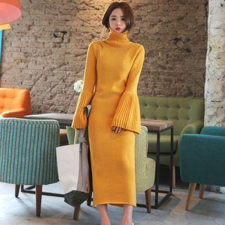 High Neck Bell-sleeve Midi Knit Dress