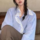 Long-sleeve Lace Striped Blouse As Figure - One Size