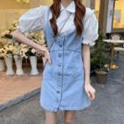 Puff-sleeve Blouse / Denim Mini Overall Dress