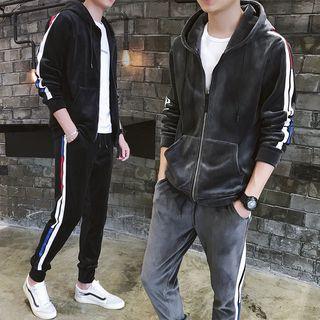 Set Of 2:long-sleeve Velvet Hooded Jacket + Velvet Sweatpants
