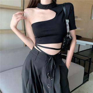 Asymmetrical Tie-hem Cropped Choker Top / Wide-leg Dress Pants
