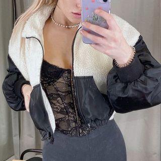 Shearling Two Tone Zip Up Cropped Jacket