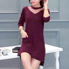 Lace-panel Knit Dress Wine Red - One Size