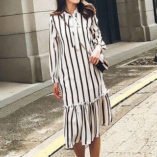 Long-sleeve Striped Chiffon Midi Dress
