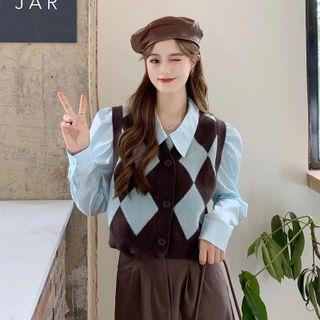 Puff-sleeve Shirt / Diamond Pattern Button-up Sweater Vest