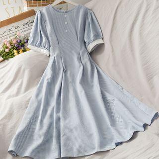Puff-sleeve Checker Midi Dress