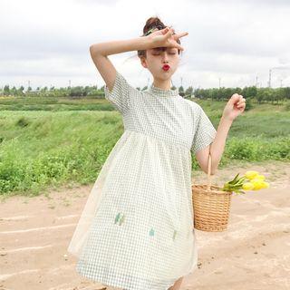 Check Mock-neck Short-sleeve A-line Dress