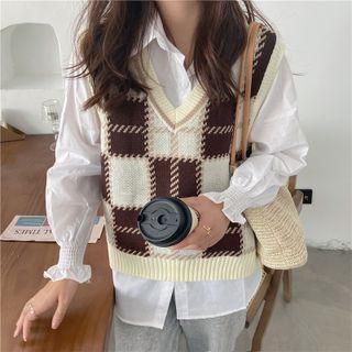 Plaid V-neck Sweater Vest / Plain Shirt