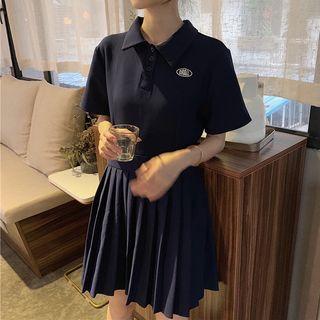 Lettering Short-sleeve Polo Pleated Dress